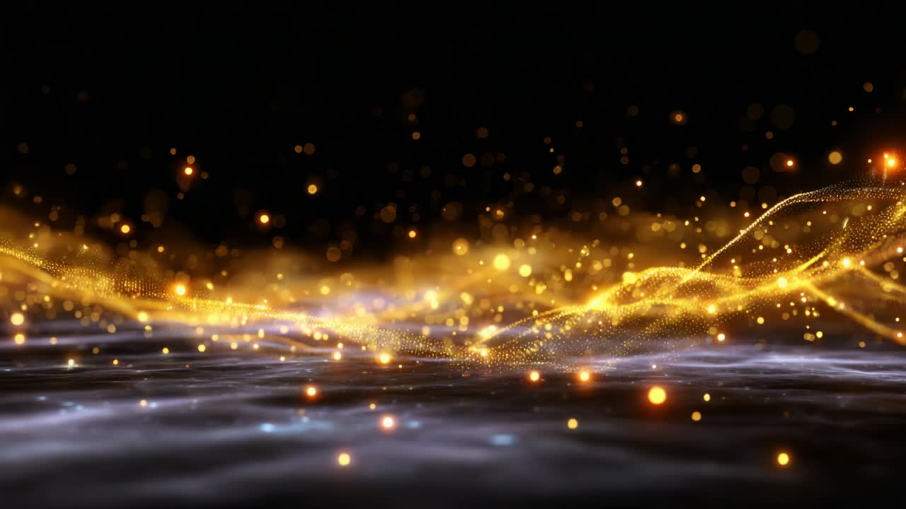 A mesmerizing view of shimmering golden waves illuminated by sparkling lights, creating an enchanting atmosphere that captivates the viewer's imagination and transports them to a world of wonder and beauty