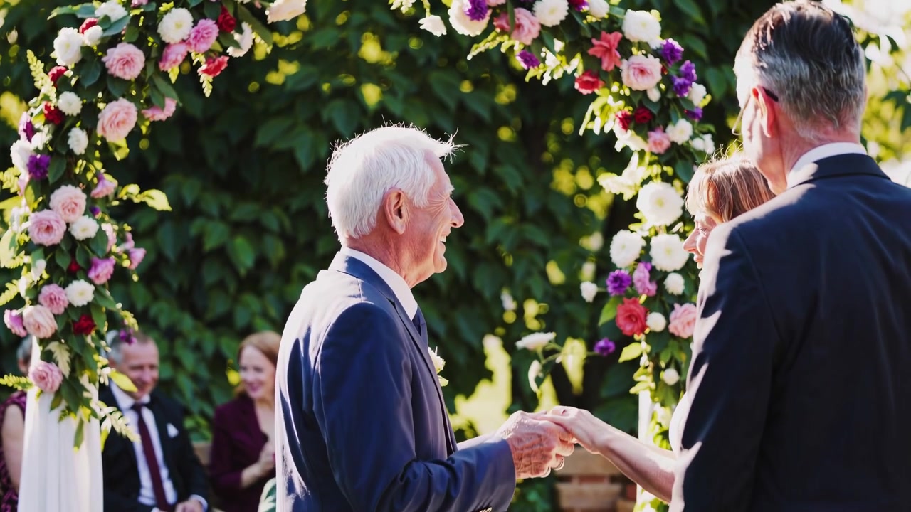 Coppia anziana che si scambia le promesse durante una cerimonia di matrimonio all'aperto