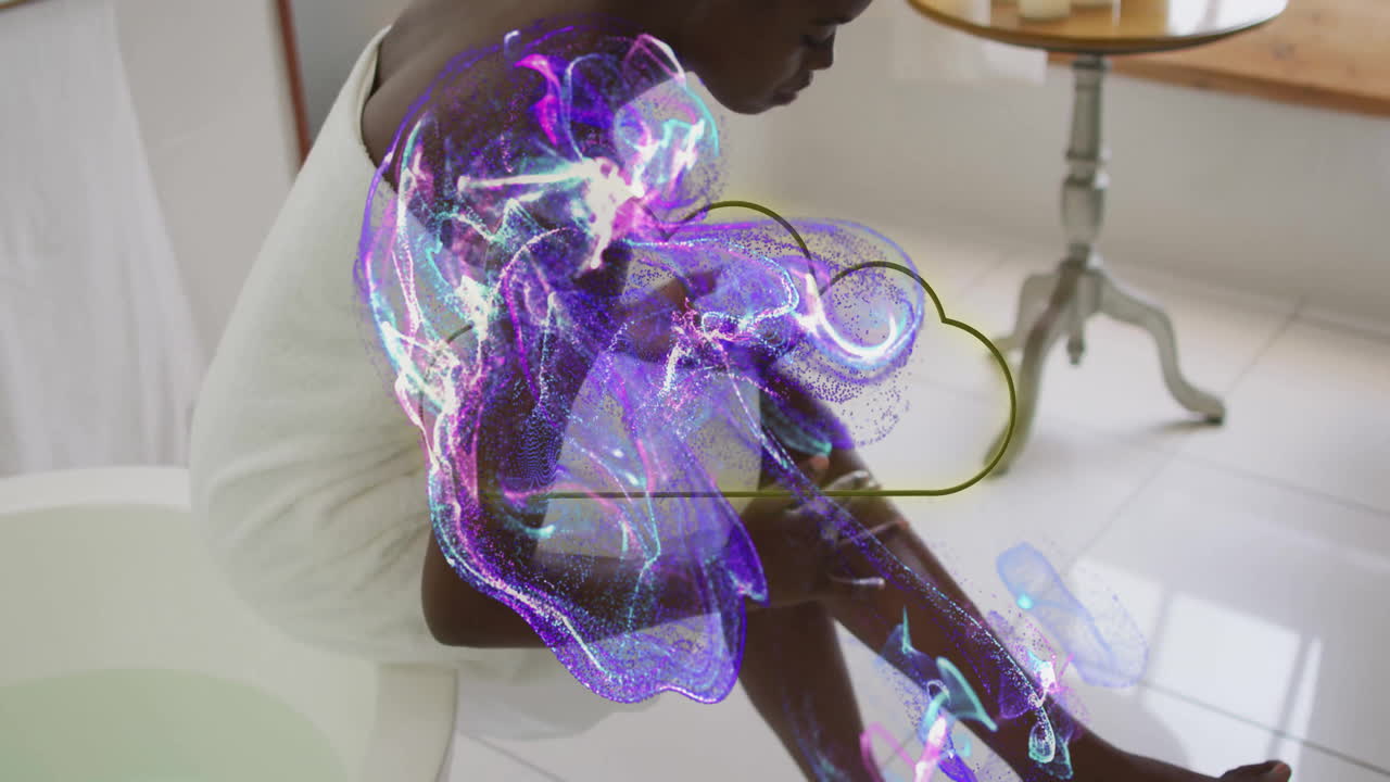 Woman scrubbing leg in light spa room showing beauty industry with swirling digital cloud particles