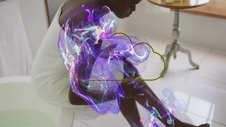 Woman scrubbing leg in light spa room showing beauty industry with swirling digital cloud particles