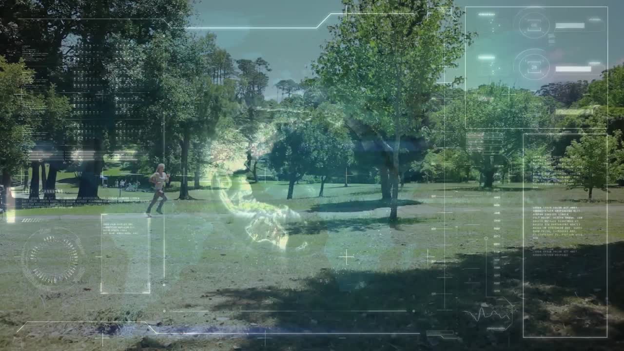 Animation of digital screen and data processing over fit woman running