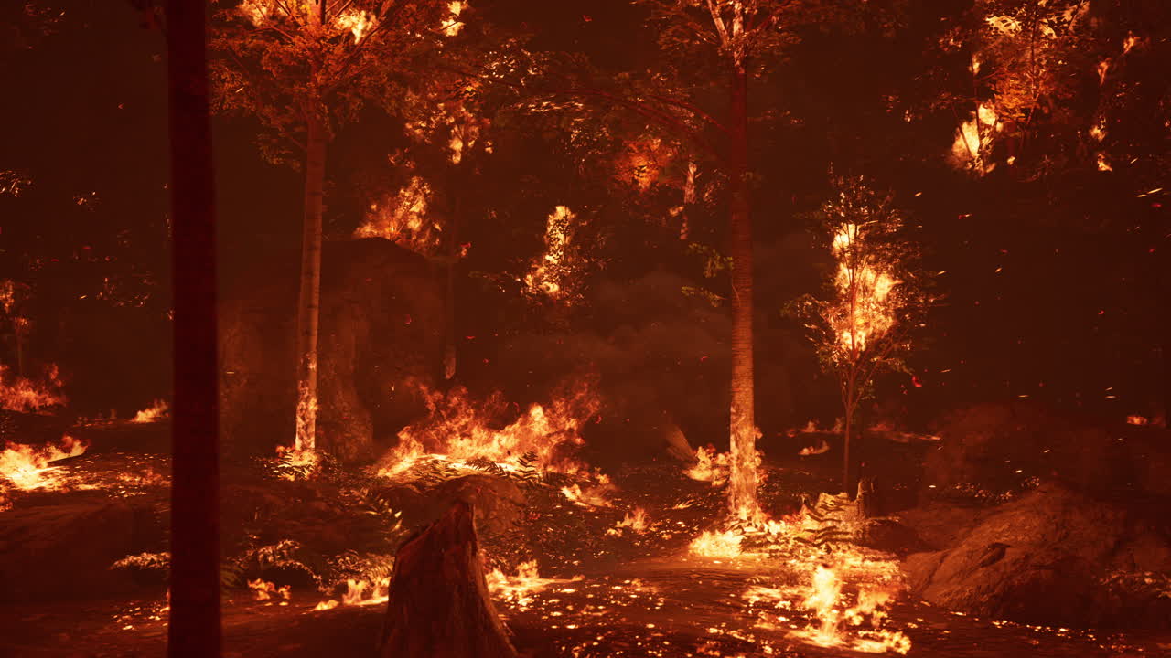 large flames of forest fire at night