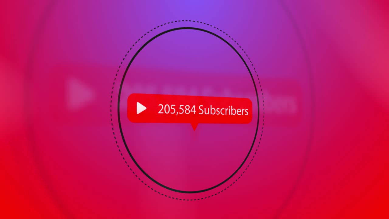 el icono del botón de reproducción, el texto de los suscriptores y el aumento de los números en la burbuja de habla sobre los círculos contra el rojo