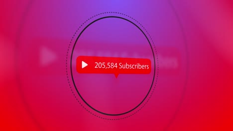 play button icon, subscribers text and increasing numbers on speech bubble over circles against red