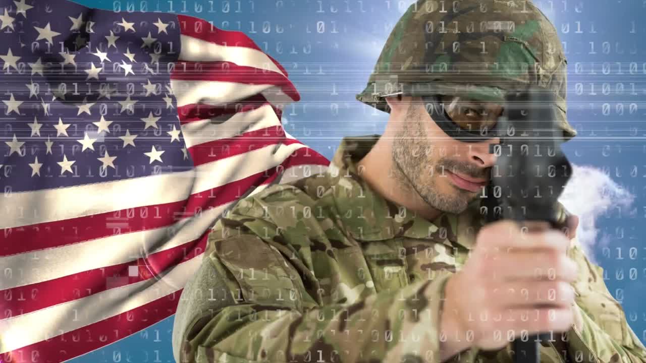 animación de la bandera estadounidense y texto sobre soldados afroamericanos