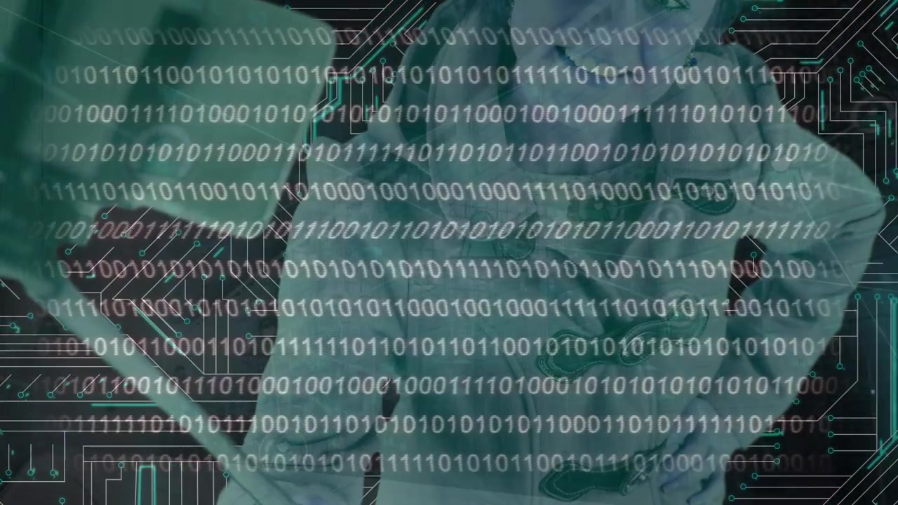 Animation of data processing over caucasian woman and computer circuit board