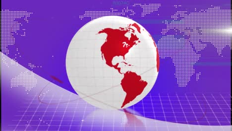 Animación-De-Un-Globo-Giratorio-Sobre-Una-Red-Cuadriculada-Contra-Un-Mapa-Mundial-Sobre-Fondo-Morado