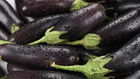 vertical panorama of a heap of fresh, ripe aubergine in drops of water