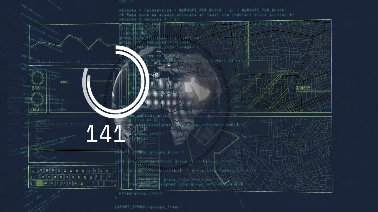 animación del procesamiento de datos y globo sobre fondo negro
