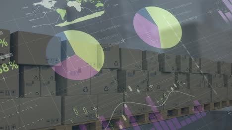 animation of financial data processing over boxes on conveyor belts in warehouse