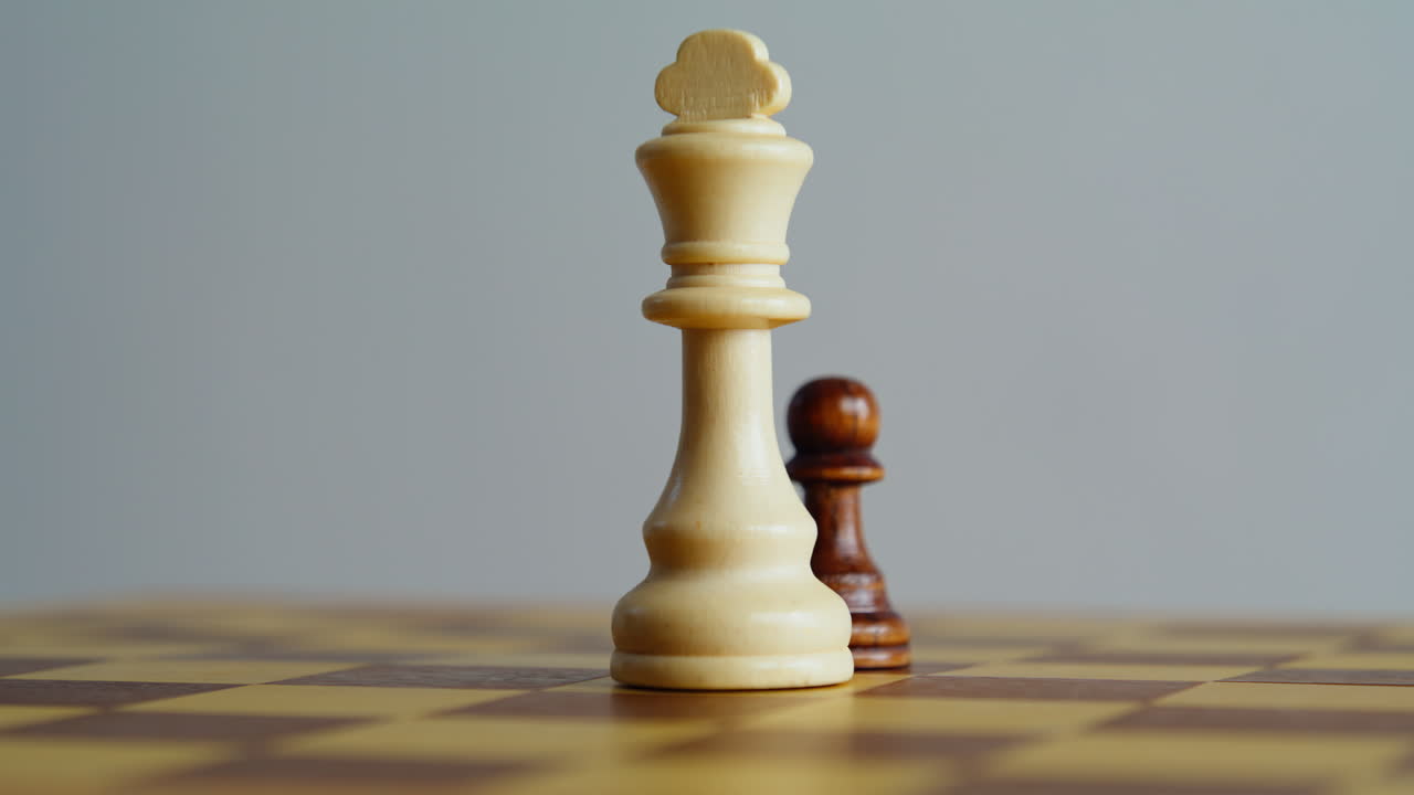 Closeup chess figures standing on chessboard. Brown pawn white king game pieces