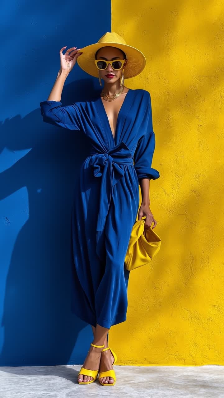 Wanita Modis Bergaun Biru dan Bertopi Kuning Berdiri di Depan Dinding Blok Warna.