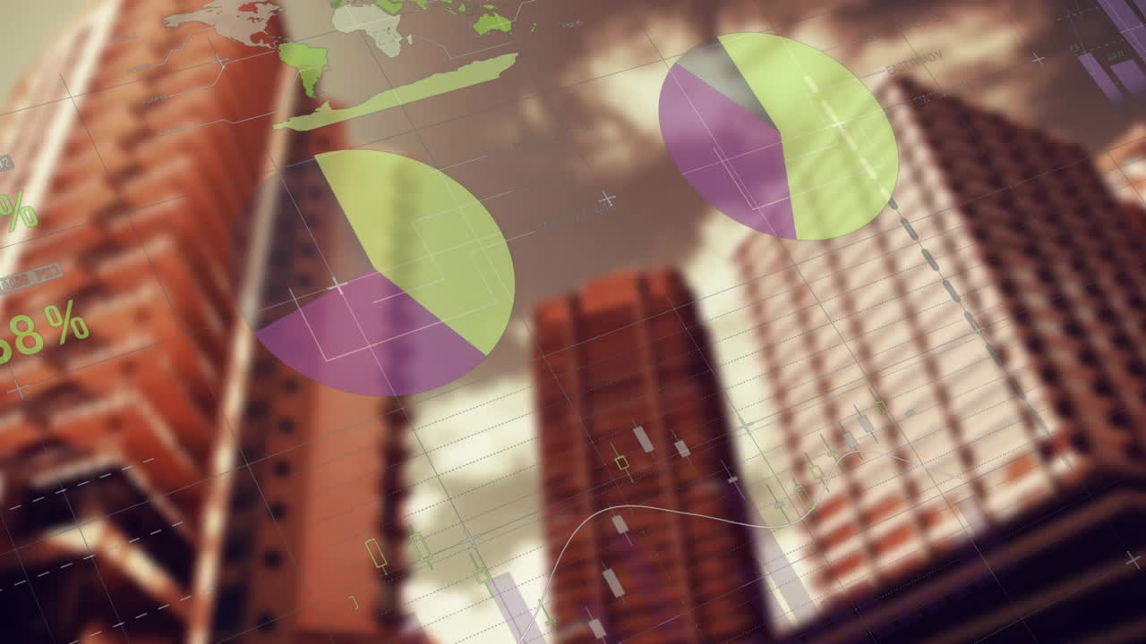 현대 도시 건물에 대한 데이터를 처리하는 지도의 애니메이션