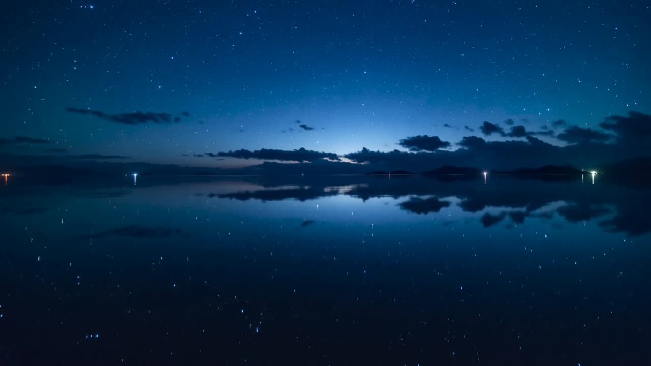 夜晚水面映照著平靜的地平線、星星、雲朵和島嶼，光芒漸亮。