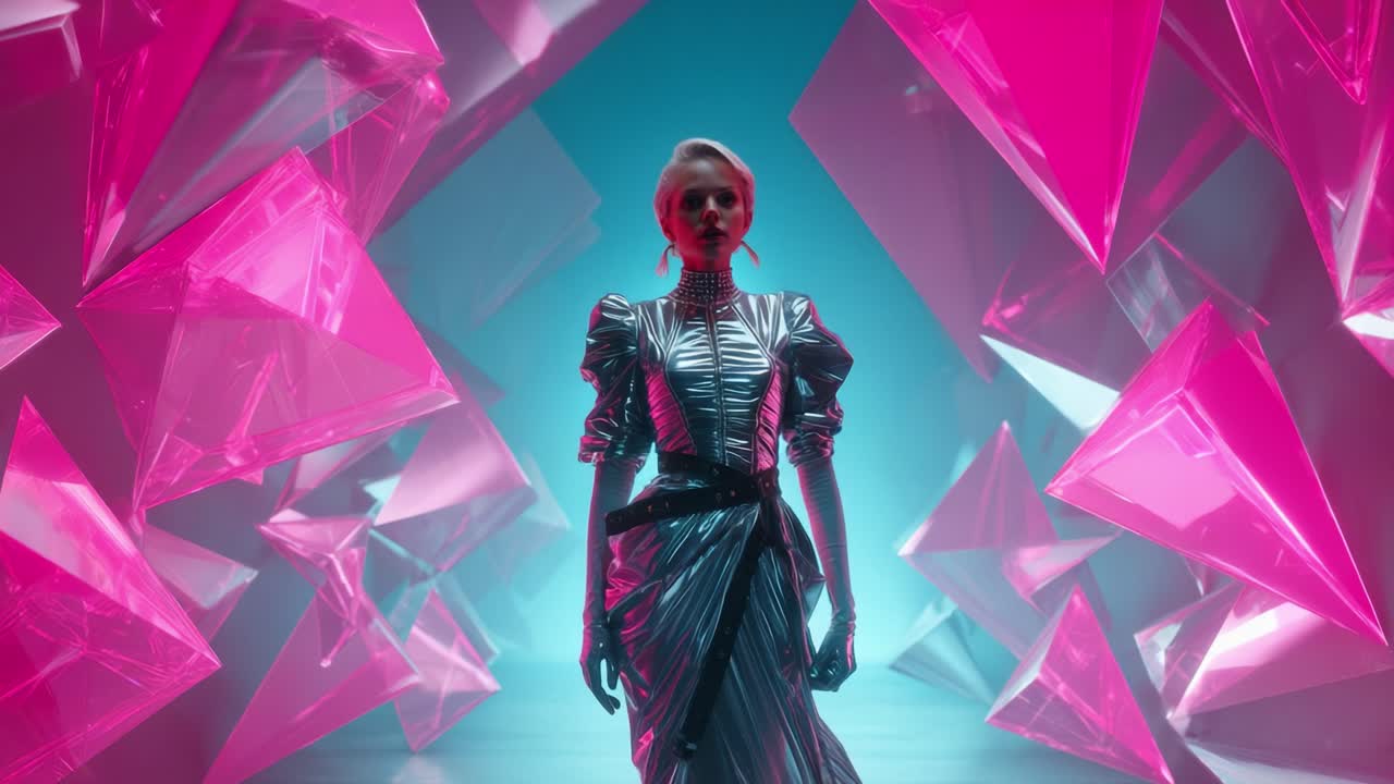 A Stunning Model in a Futuristic Setting Surrounded by Vibrant Pink and Blue Geometric Shapes, Showcasing a Blend of Modern Fashion and Artistic Flair, Captivating in Its Otherworldly Ambiance