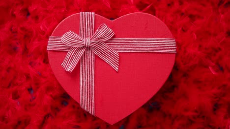 Heart-shaped-boxed-gift--placed-on-red-feathers-background