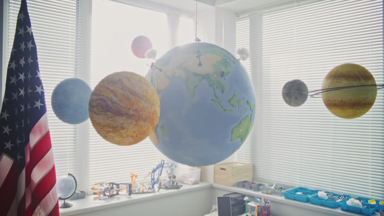 American Primary School Interior of Modern Empty Classroom with Desks for Students