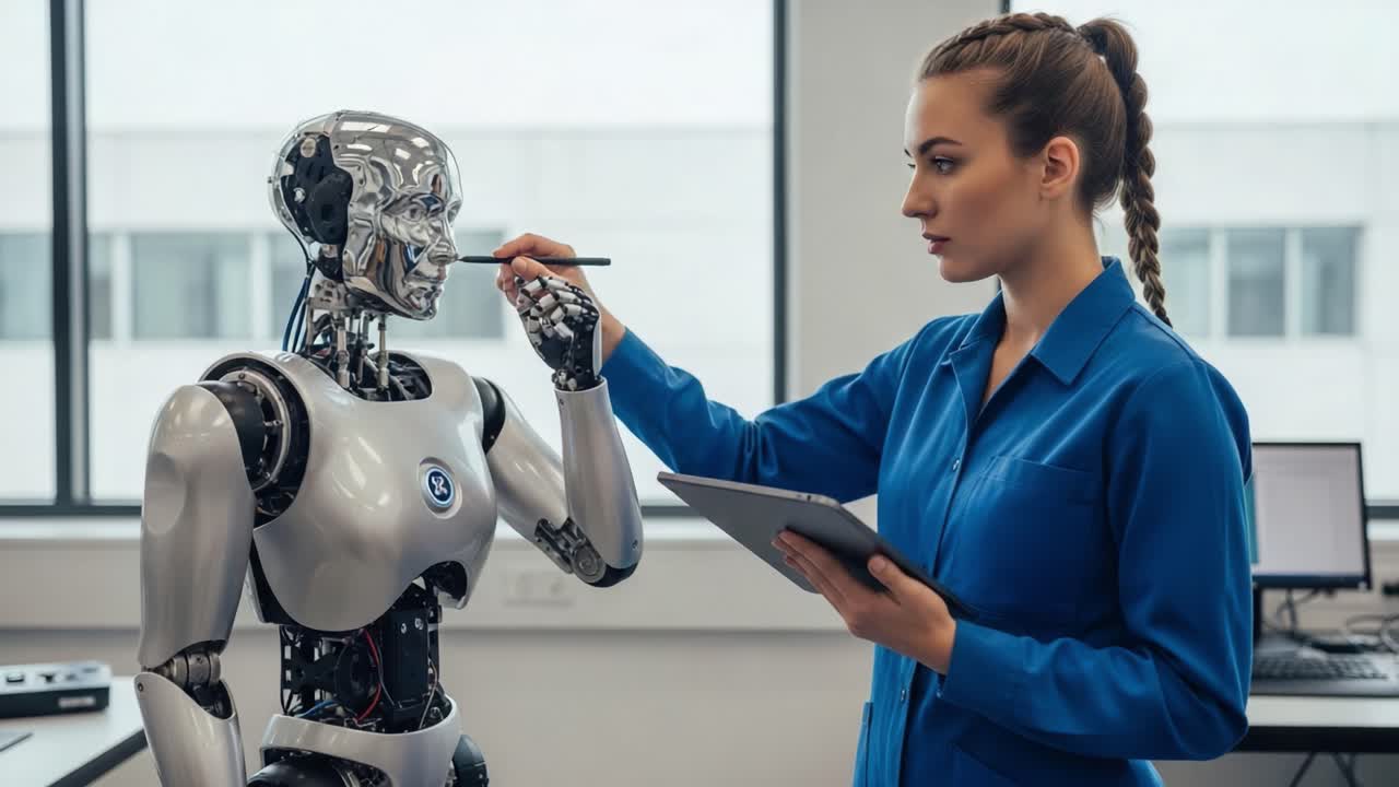 A Female Technician Applies Final Touches to a Sleek Humanoid Robot's Face, Blending Technology and Art in a Modern Workspace Setting