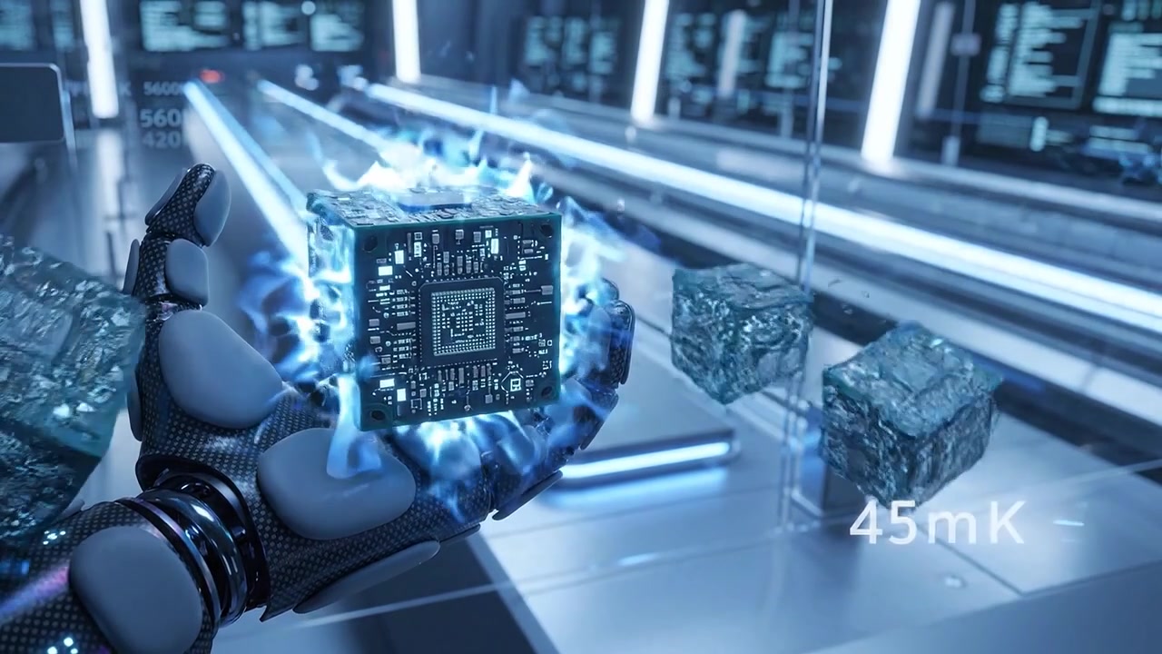 A futuristic robotic hand showcasing a high-tech microchip in a sleek, advanced environment filled with glowing screens and complex machinery for technological innovation.