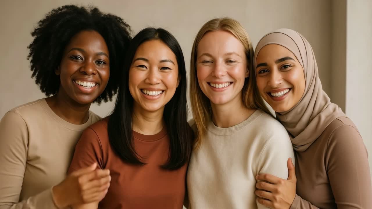A diverse group of women smiling at the camera, captured in a warm, friendly atmosphere