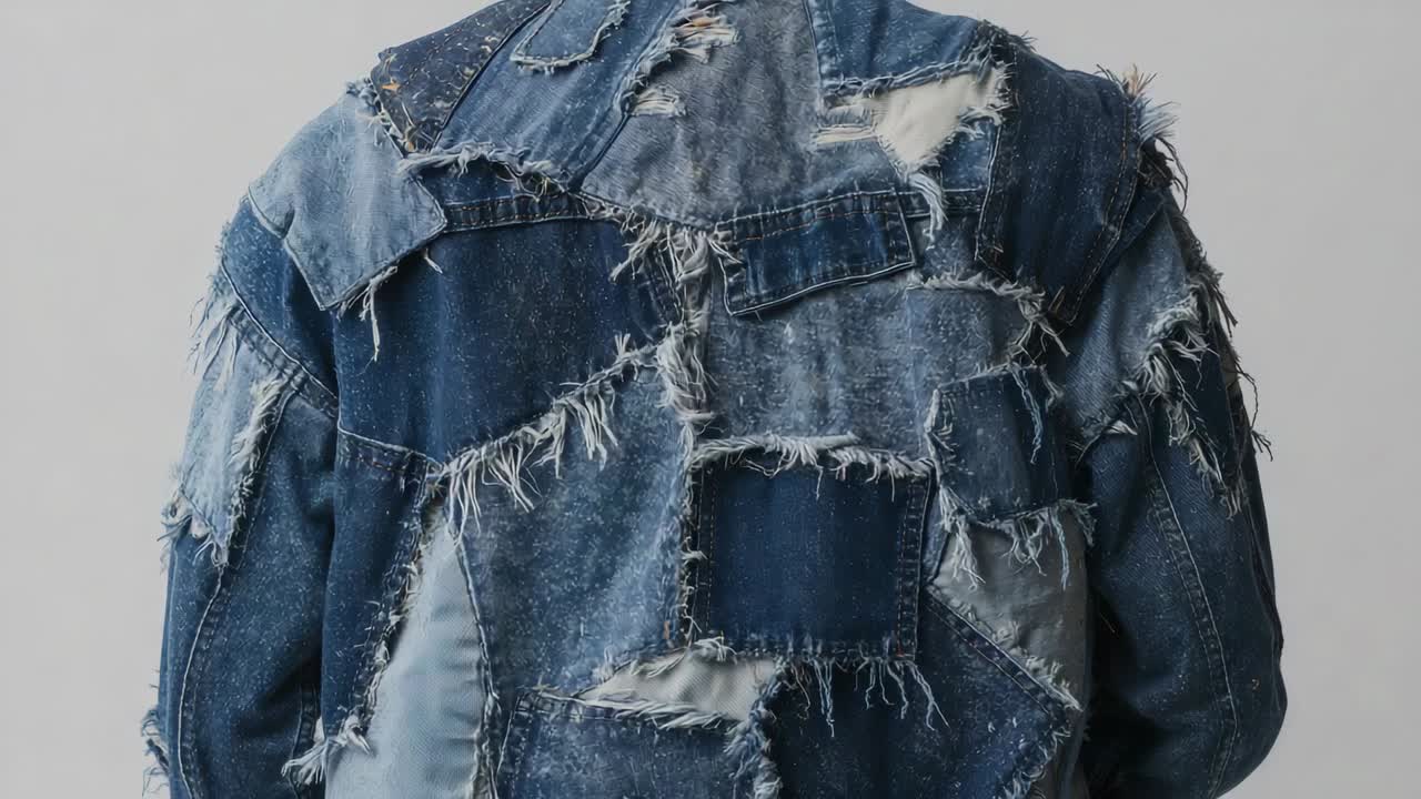 Shifting camera showing distressed patchwork denim jacket back at studio to reveal hanger, collar