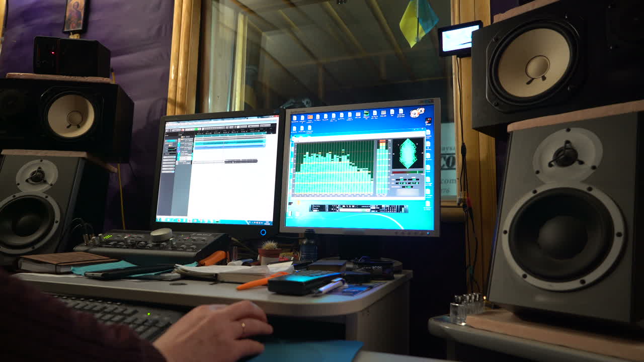 Sound engineer working at mixing panel in boutique recording studio. Close-up