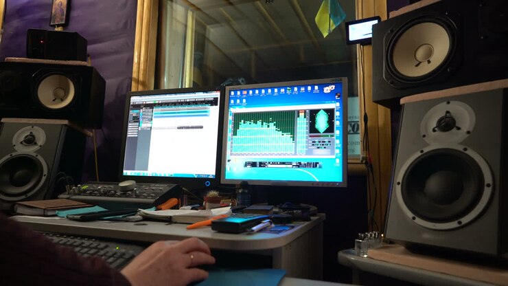 Sound engineer working at mixing panel in boutique recording studio. Close-up