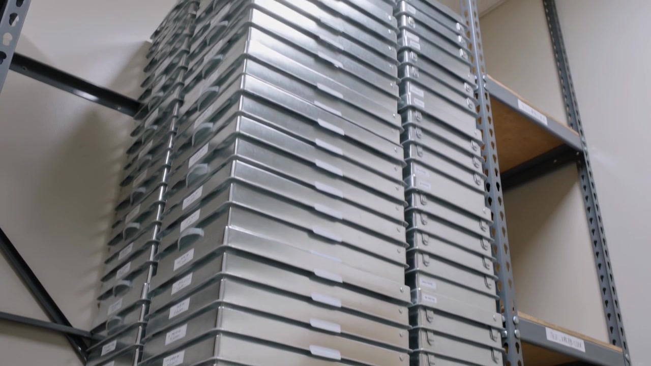 Camera tilting upward pulling back, showing full tray stack height in storage room with white tabs