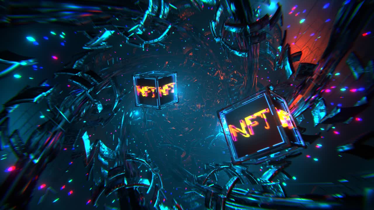 camera span a través del túnel espacial con bloques y cubos de nft animación sin fisuras.