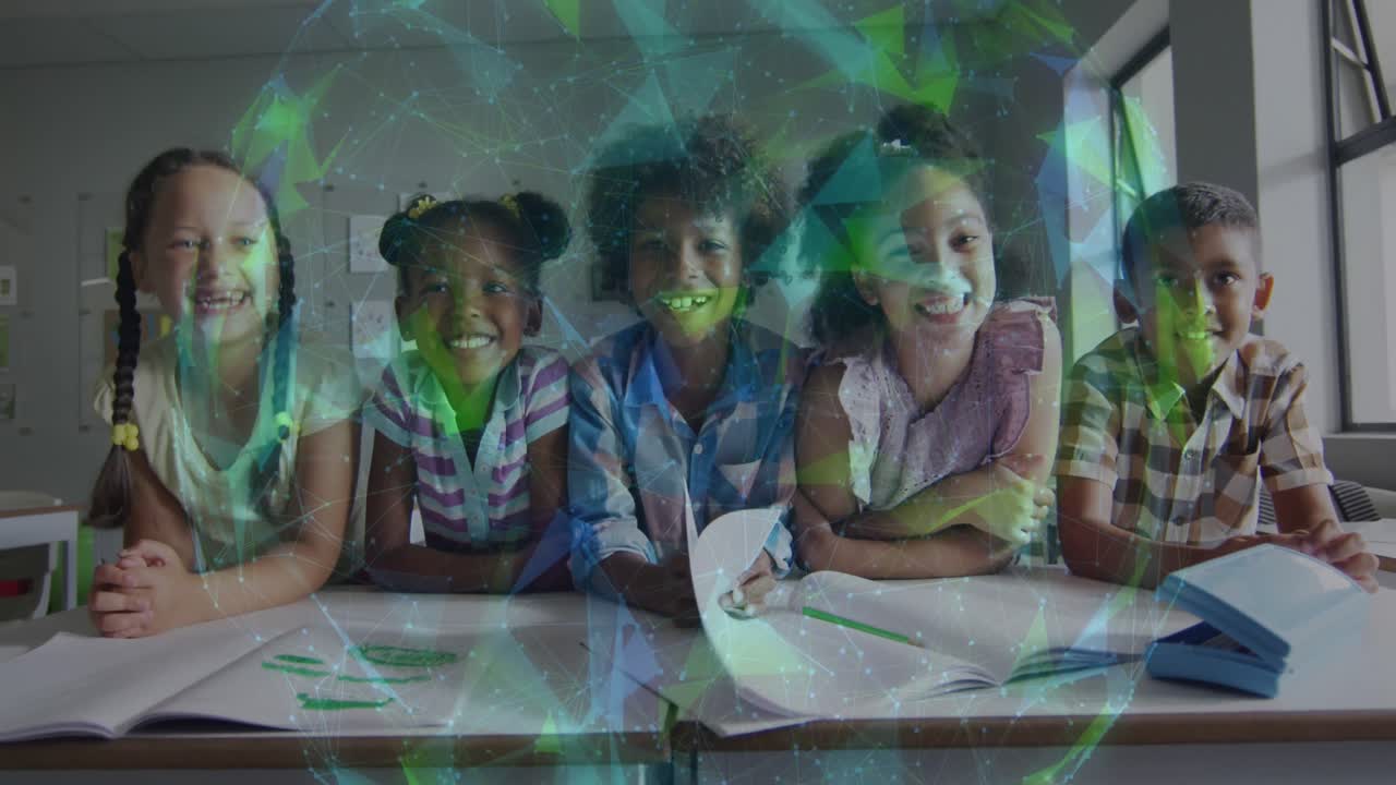 Animation of glowing network over smiling diverse schoolchildren at desk in classroom
