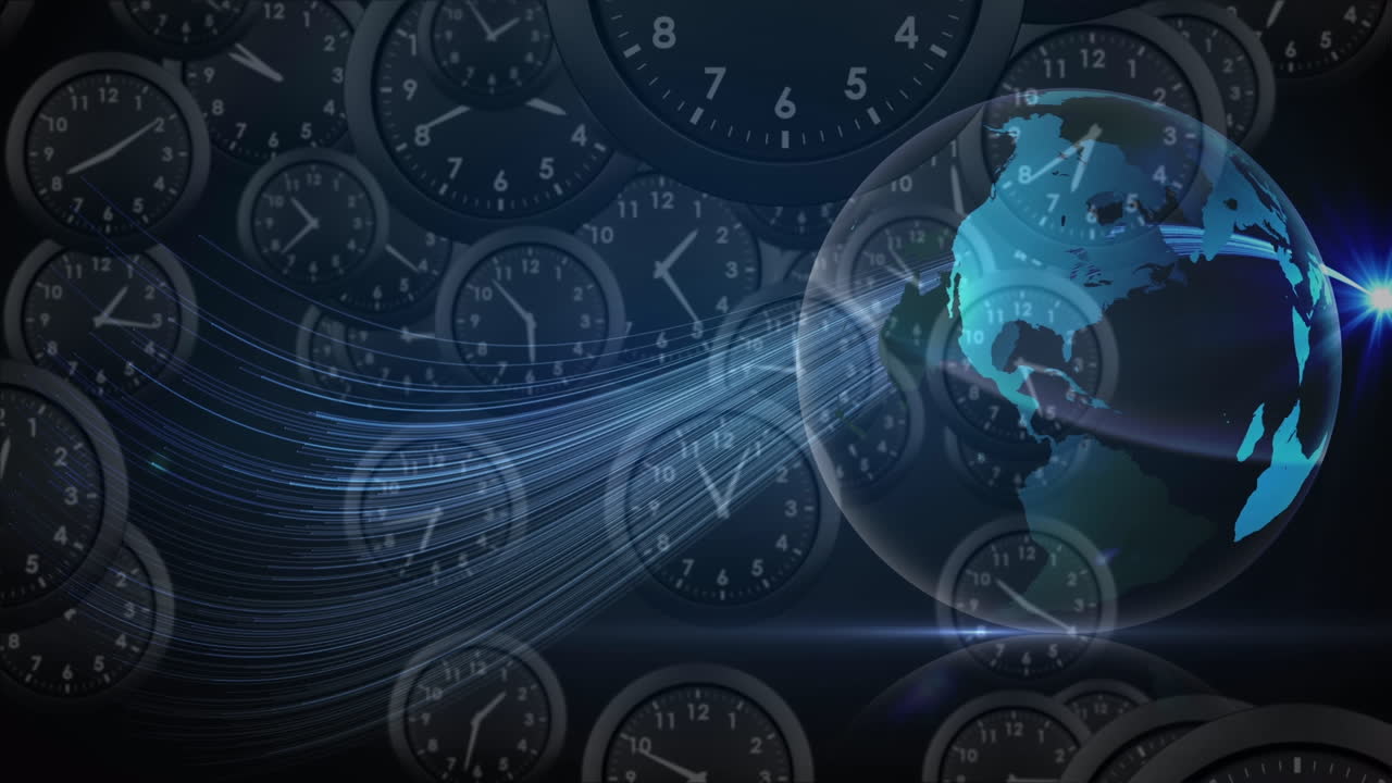 Animation of globe rotating over floating clocks