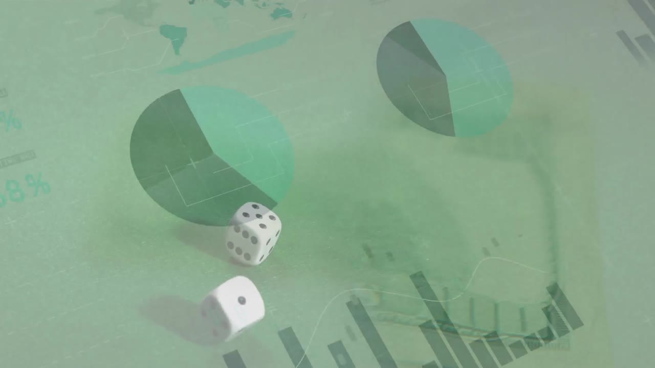 Animation of financial data processing over two dice and american dollar bills on green background