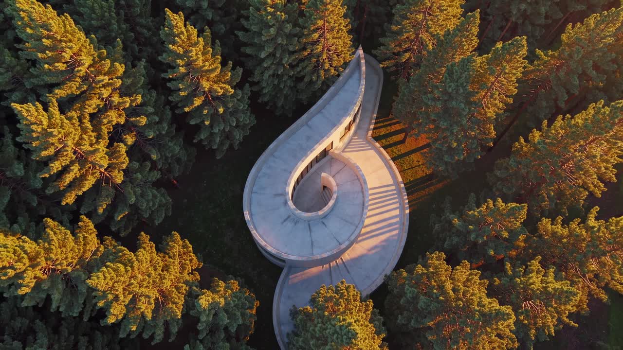 Aerial view of a modern spiral shaped house nestled in a lush pine forest, showcasing innovative architecture blending seamlessly with the natural environment at sunset