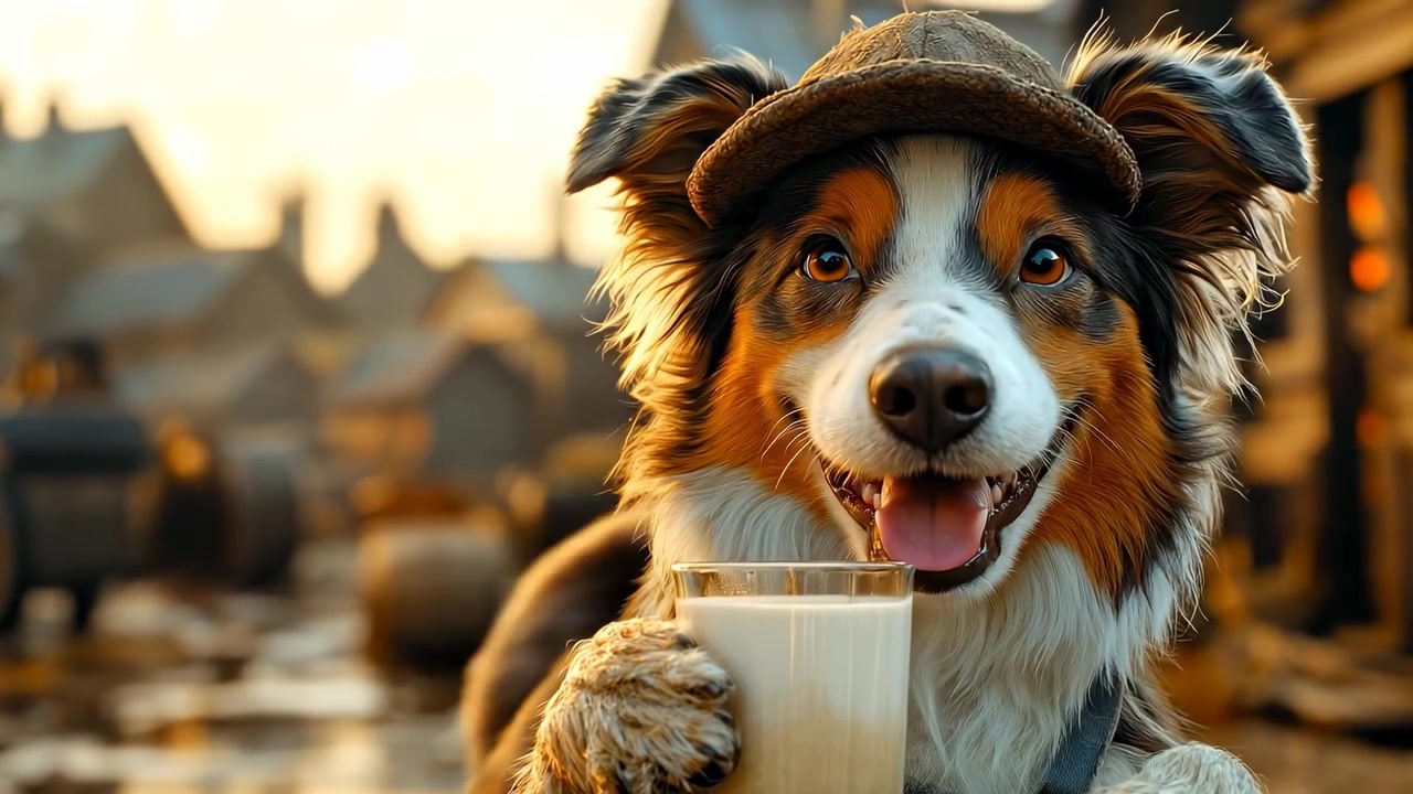 Hund hält Glas Milch bei Sonnenuntergang. Ein Hund steht in einem ländlichen Dorf und hält ein Glas Milch, während die Sonne hinter alten Gebäuden untergeht.