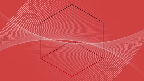 Digital-animation-of-wavy-lines-moving-against-cubical-shape-on-red-background