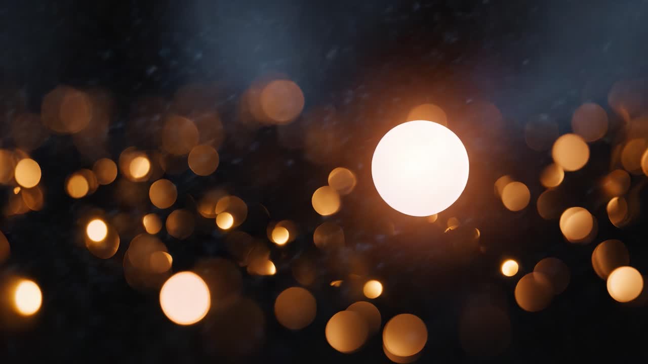 Uno spettacolo accattivante di luci scintillanti e nevicata leggera, che crea un'atmosfera magica con sfere luminose che brillano contro uno sfondo scuro.