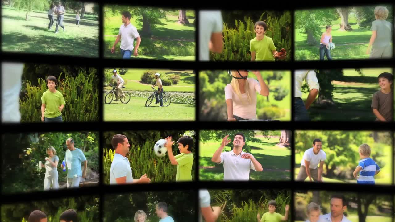 함께 여름의 순간을 즐기는 가족들의 몽타지