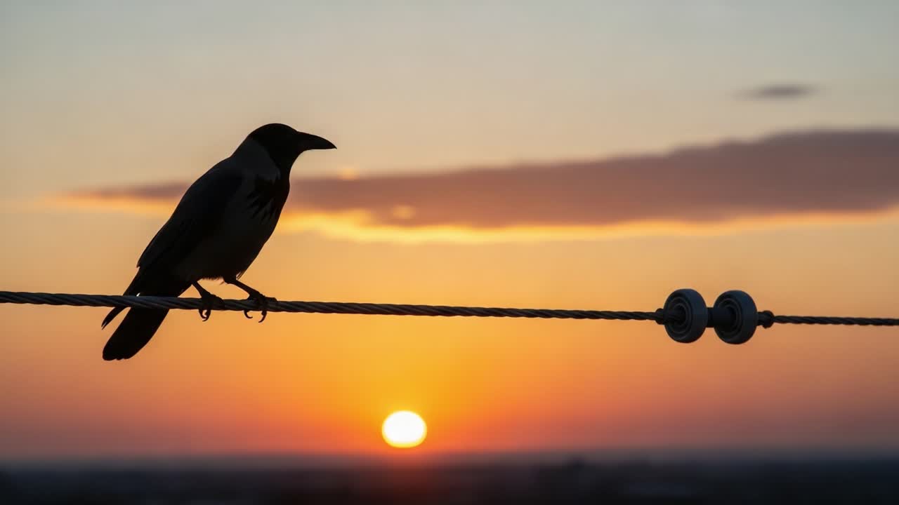Una silhouette serena di un uccello al tramonto, che cattura la tranquilla bellezza della natura mentre il sole tramonta all'orizzonte, offrendo un momento di pace e riflessione