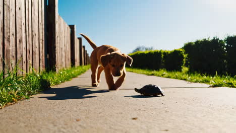 puppy playing with a turtle outdoors