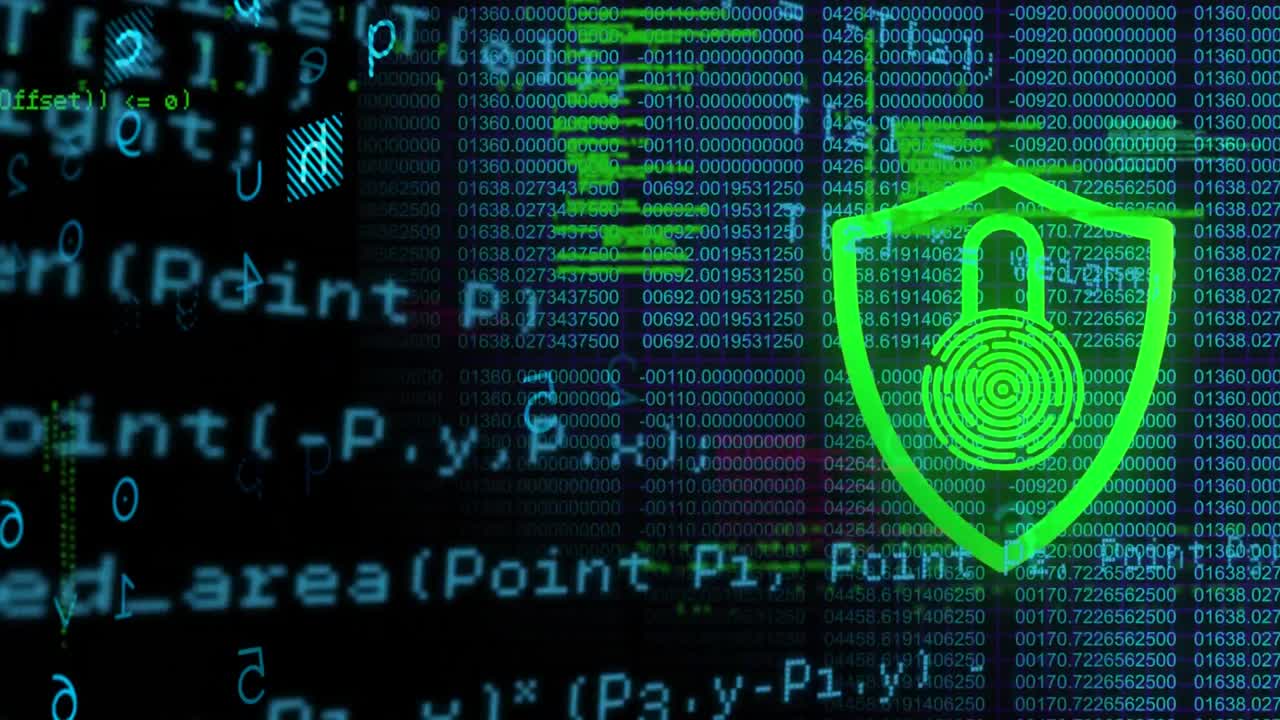 animación del candado de seguridad en línea con huellas dactilares biométricas y procesamiento de datos en segundo plano