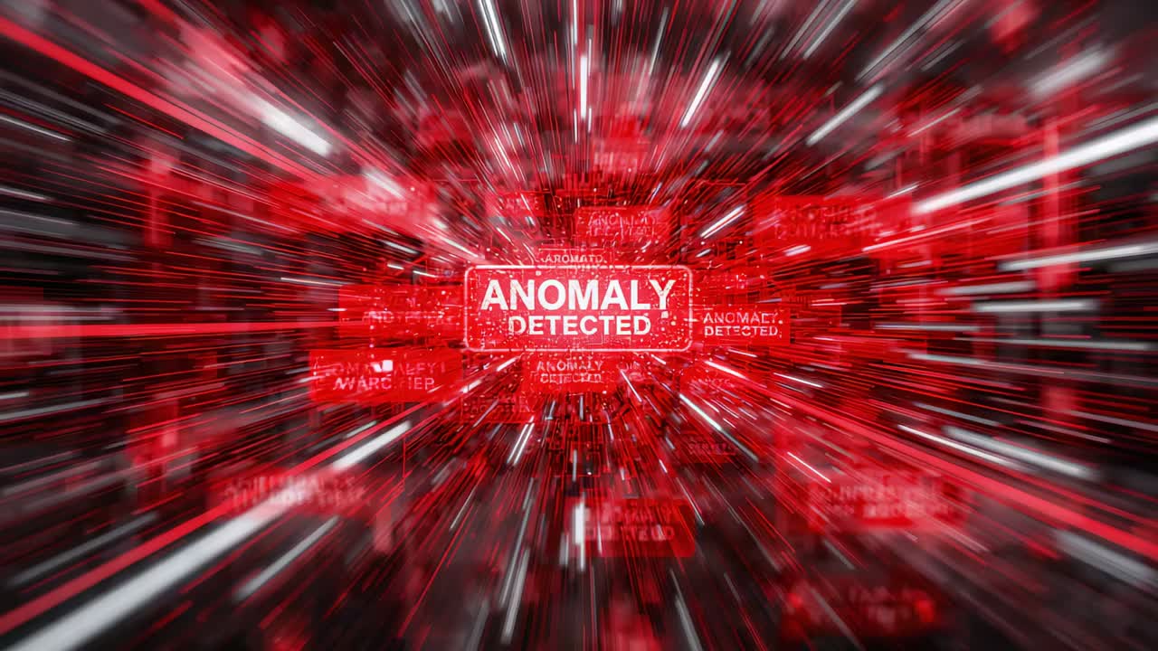 Pulsing central red alert box sending radial lines across HUD, anomaly flag signaling system alert