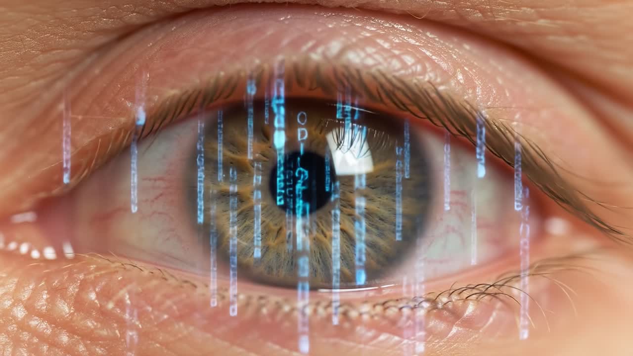 A close-up view of a human eye with a digital data overlay reflecting technology's impact on vision. The interaction between biology and technology is vividly illustrated.