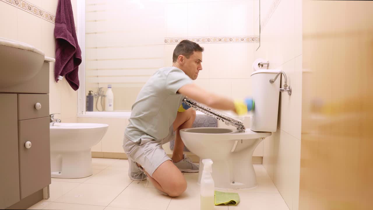 Man cleaning toilet in bathroom with disinfectant and sponge