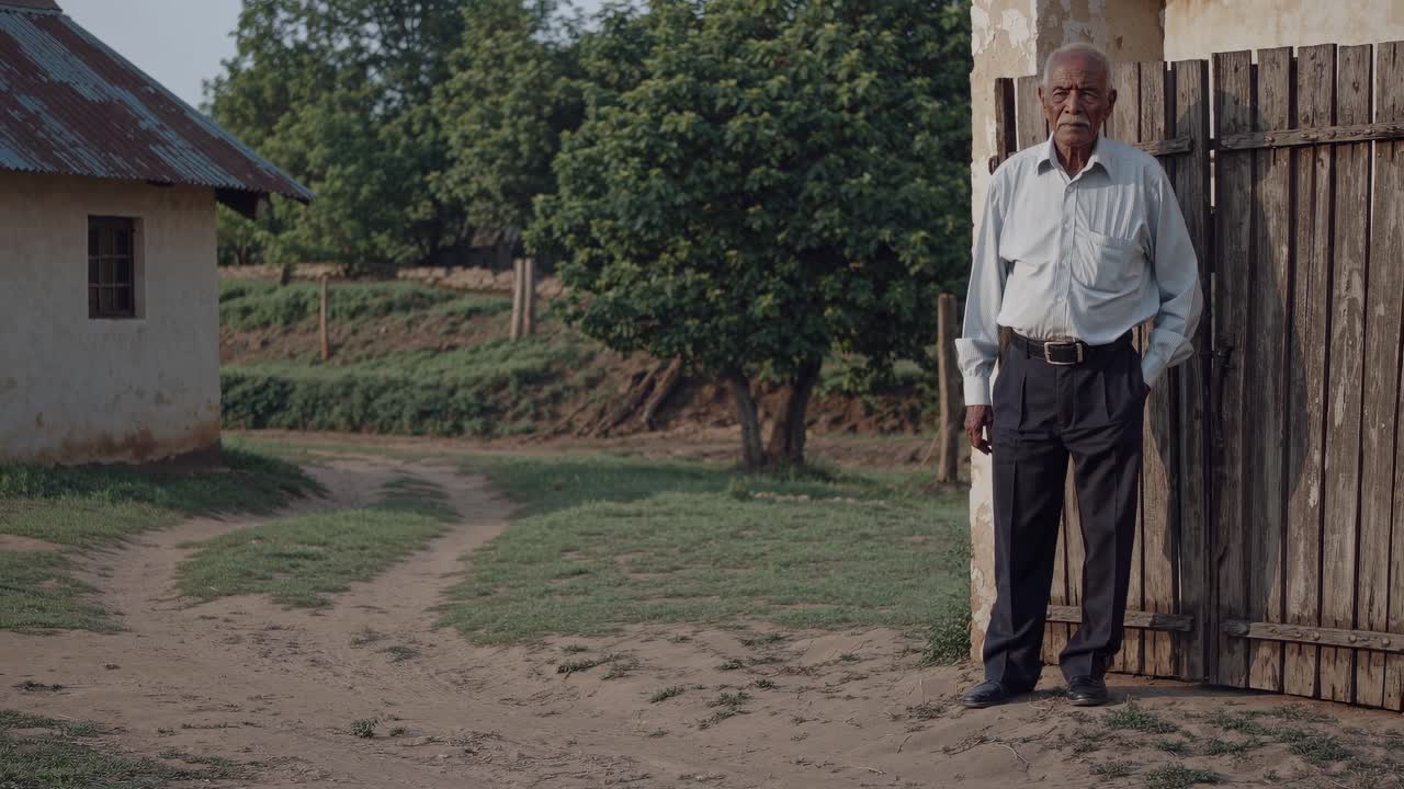 Experienced educator standing near weathered wooden gate, rural schoolyard bathed in golden sunlight, symbolizing commitment to teaching in remote educational settings