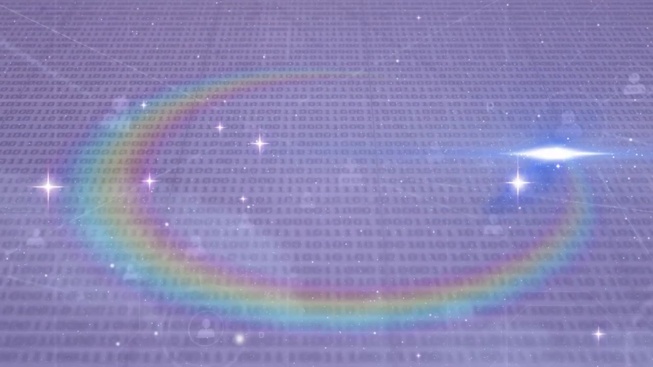 Animation of prismatic ring with lights with network of people icons over grey grid