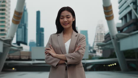 confident businesswoman in cityscape