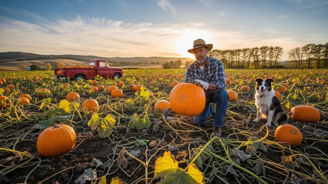 Harvesting Pumpkins in a Scenic Field at Sunset: A Man, His Dog, and a Classic Truck Surrounded by Vibrant Orange Pumpkins Under an Open Sky