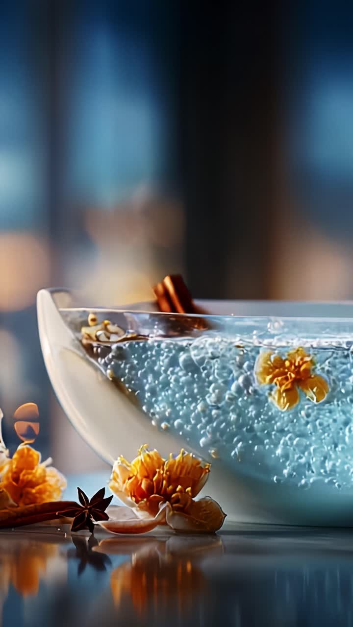 A tranquil close-up of a decorative bowl filled with vibrant water, flowers, and aromatic spices, creating a serene ambiance and visual allure in soft lighting