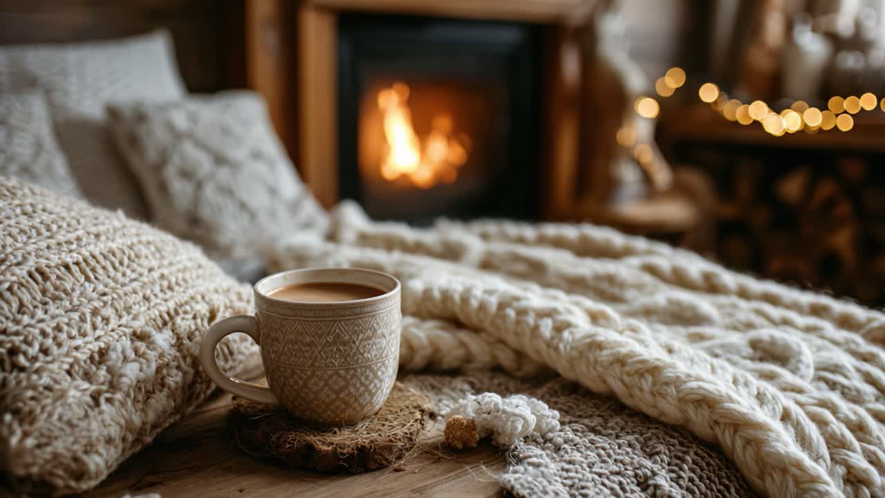 Cozy Warmth: A Cup of Coffee by the Fire in a Winter Retreat, Surrounded by Textured Knit Blankets and Soft Pillows in a Relaxing Atmosphere