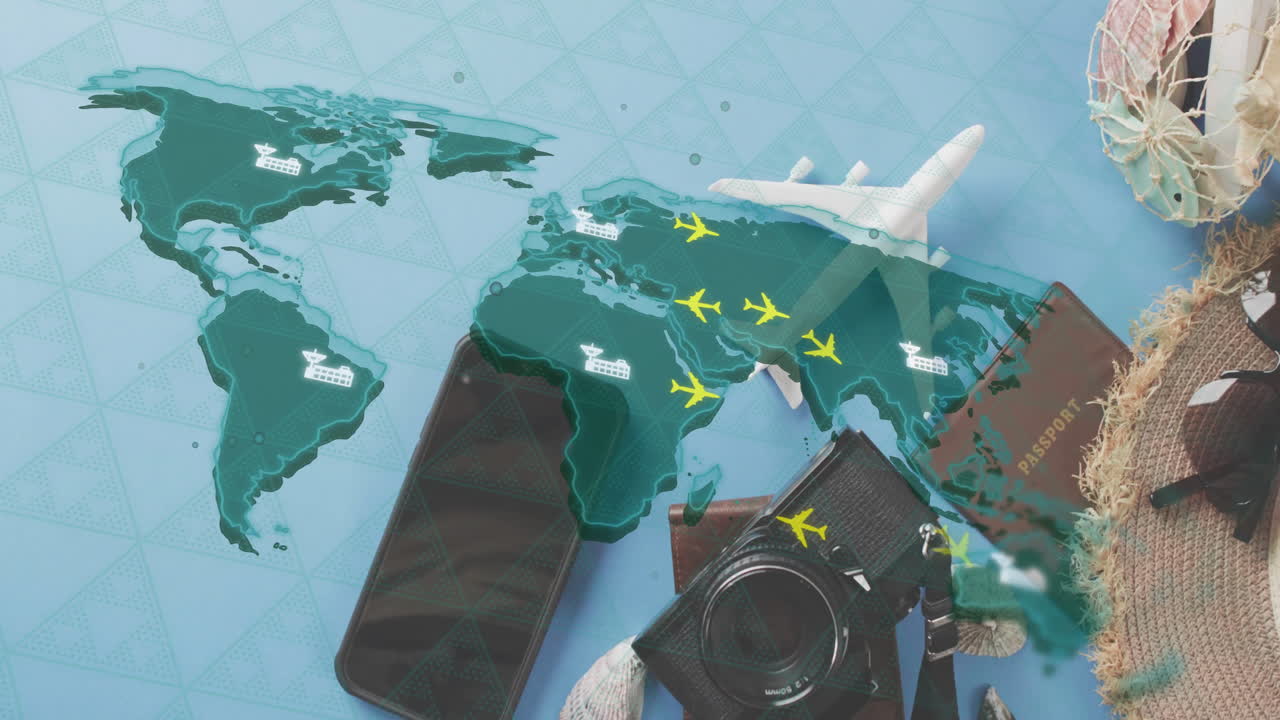 비행기 노선과 목적지 애니메이션과 함께 파란색 배경에 여행 필수 사항